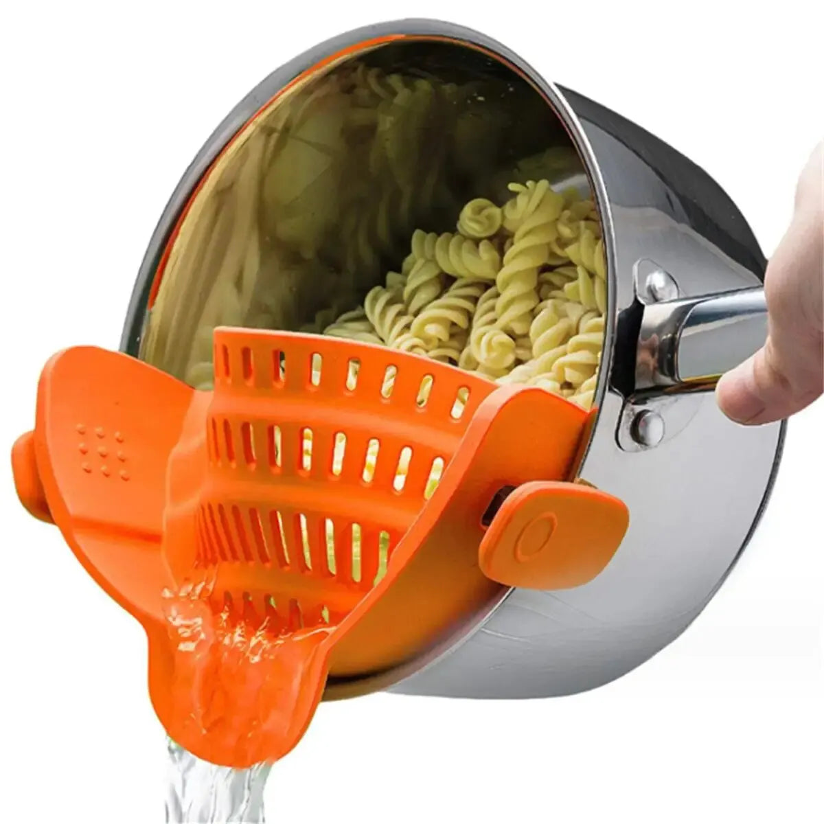 Universal Clip-On Silicone Pot Strainer – Heat-Resistant, Hands-Free Snap-On Colander for Easy Draining
