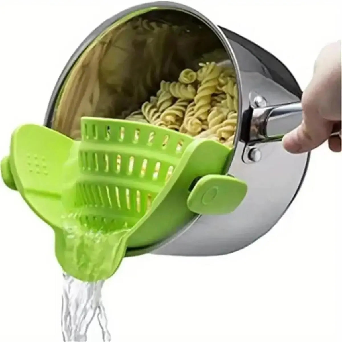 Universal Clip-On Silicone Pot Strainer – Heat-Resistant, Hands-Free Snap-On Colander for Easy Draining