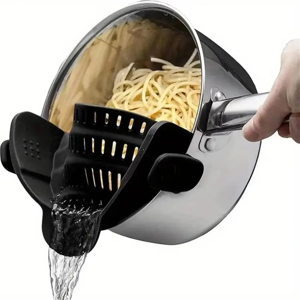 Universal Clip-On Silicone Pot Strainer – Heat-Resistant, Hands-Free Snap-On Colander for Easy Draining